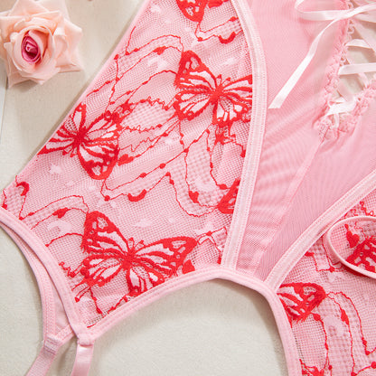 Garter straps design on three-piece lingerie set