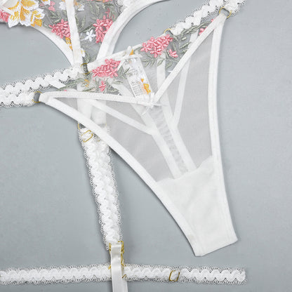 Three-piece lingerie set with floral details