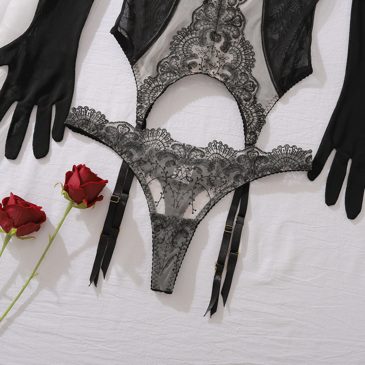 Three-piece lingerie set styled with lace