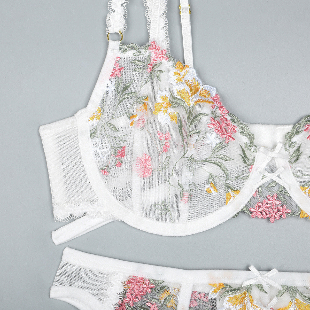 Three-piece lingerie set styled with underwire