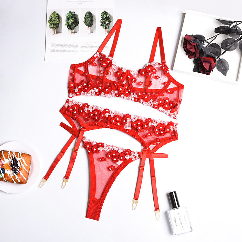 Three-piece lingerie set styled with embroidered