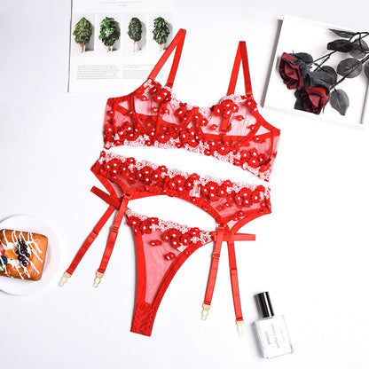 Three-piece lingerie set styled with embroidered