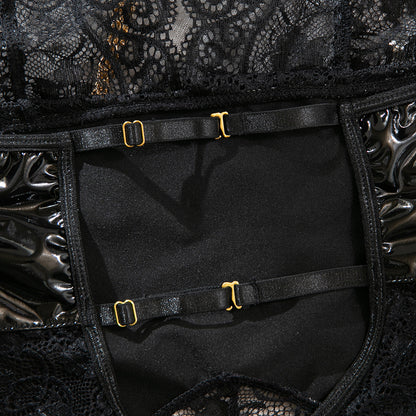 Halter Lace Bodysuit with Chain & Wrist Cuffs – Sexy Faux Leather Teddy