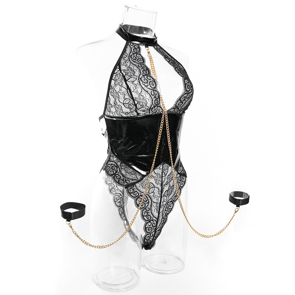 Halter Lace Bodysuit with Chain & Wrist Cuffs – Sexy Faux Leather Teddy