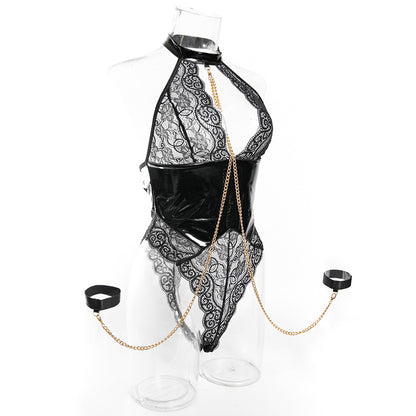 Halter Lace Bodysuit with Chain & Wrist Cuffs – Sexy Faux Leather Teddy
