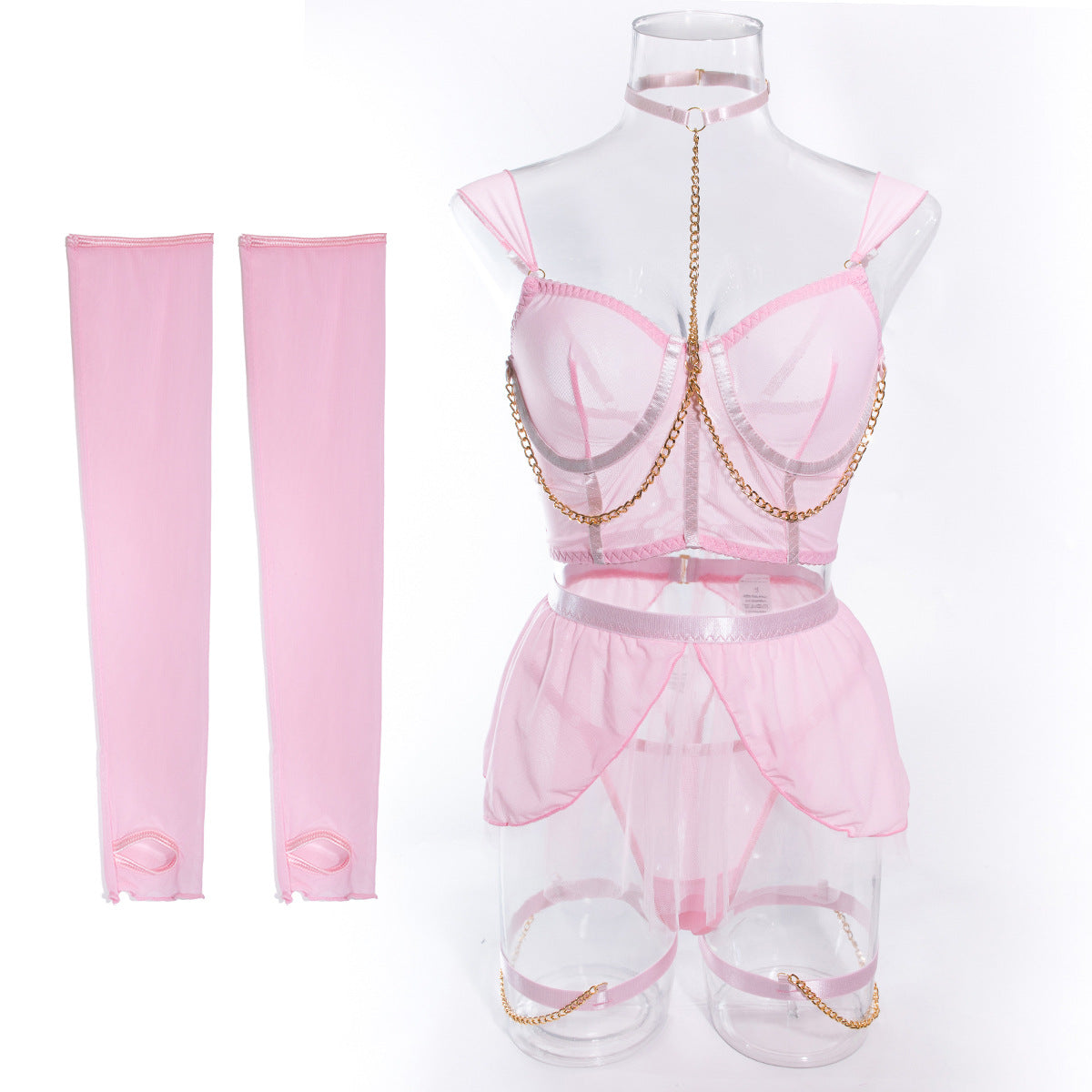 Satin detailed four-piece lingerie set
