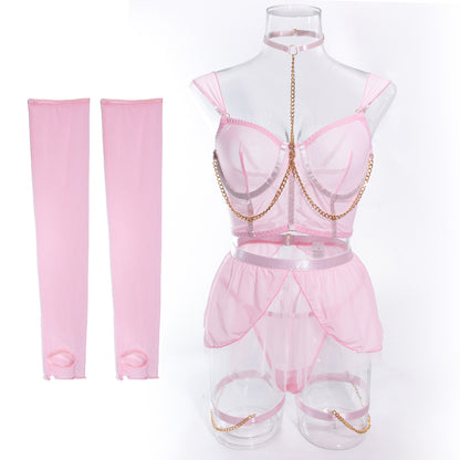 Satin detailed four-piece lingerie set