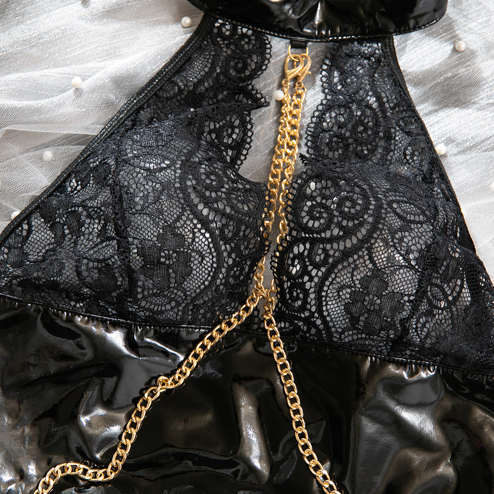 Halter Lace Bodysuit with Chain & Wrist Cuffs – Sexy Faux Leather Teddy
