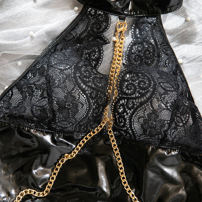 Halter Lace Bodysuit with Chain & Wrist Cuffs – Sexy Faux Leather Teddy