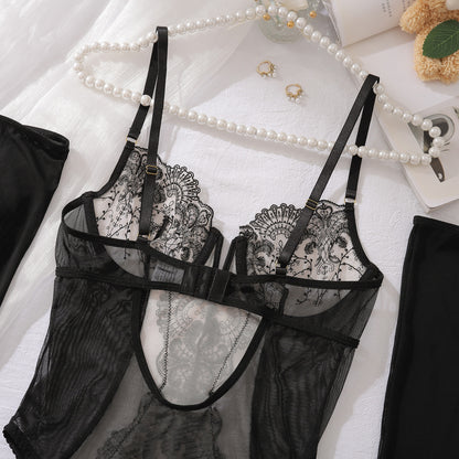 Black three-piece lingerie set featuring underwire