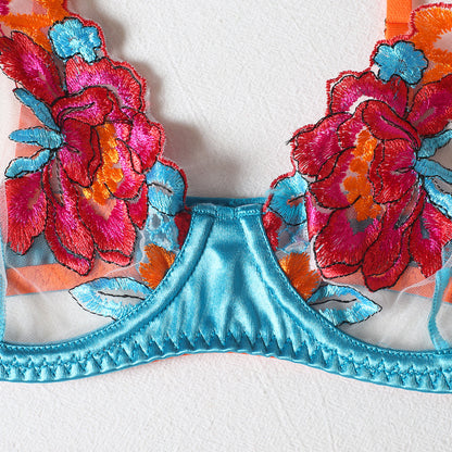 Four-piece lingerie set with floral embroidered design