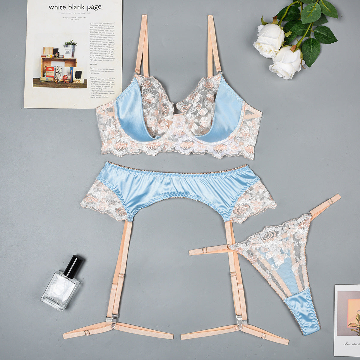 Sheer mesh accents on three-piece lingerie set