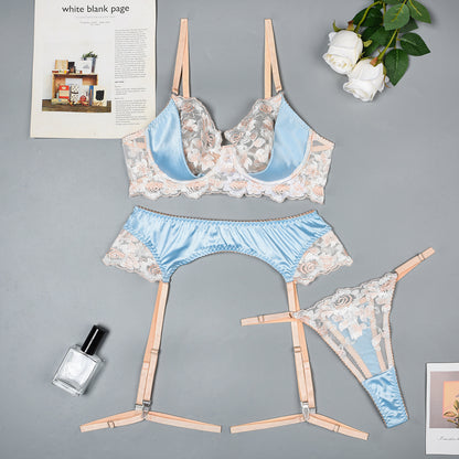 Sheer mesh accents on three-piece lingerie set