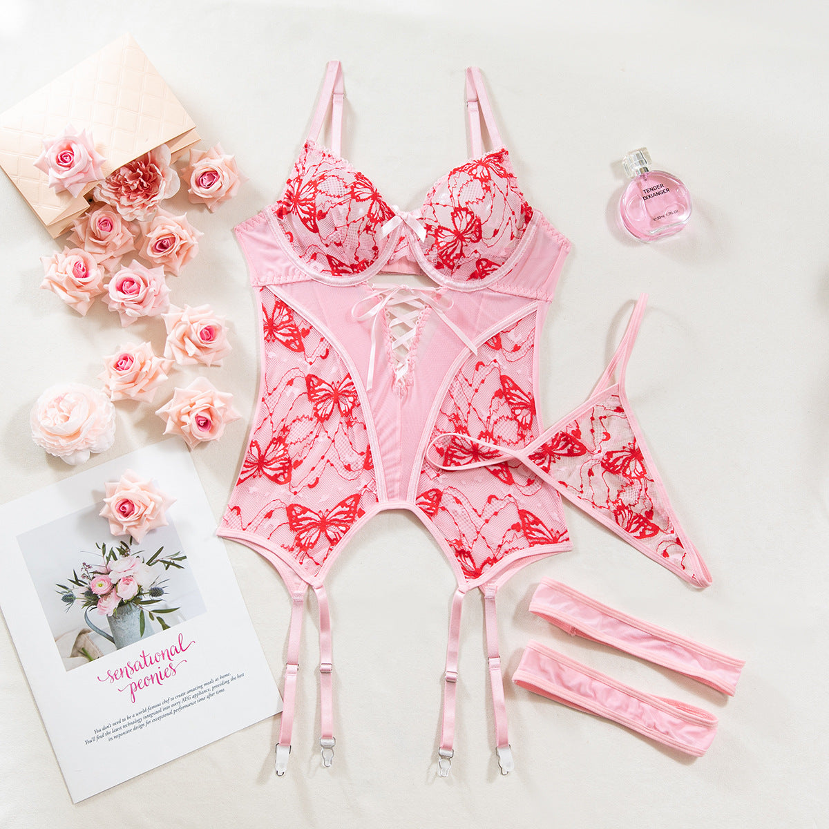 Garter straps accents on three-piece lingerie set