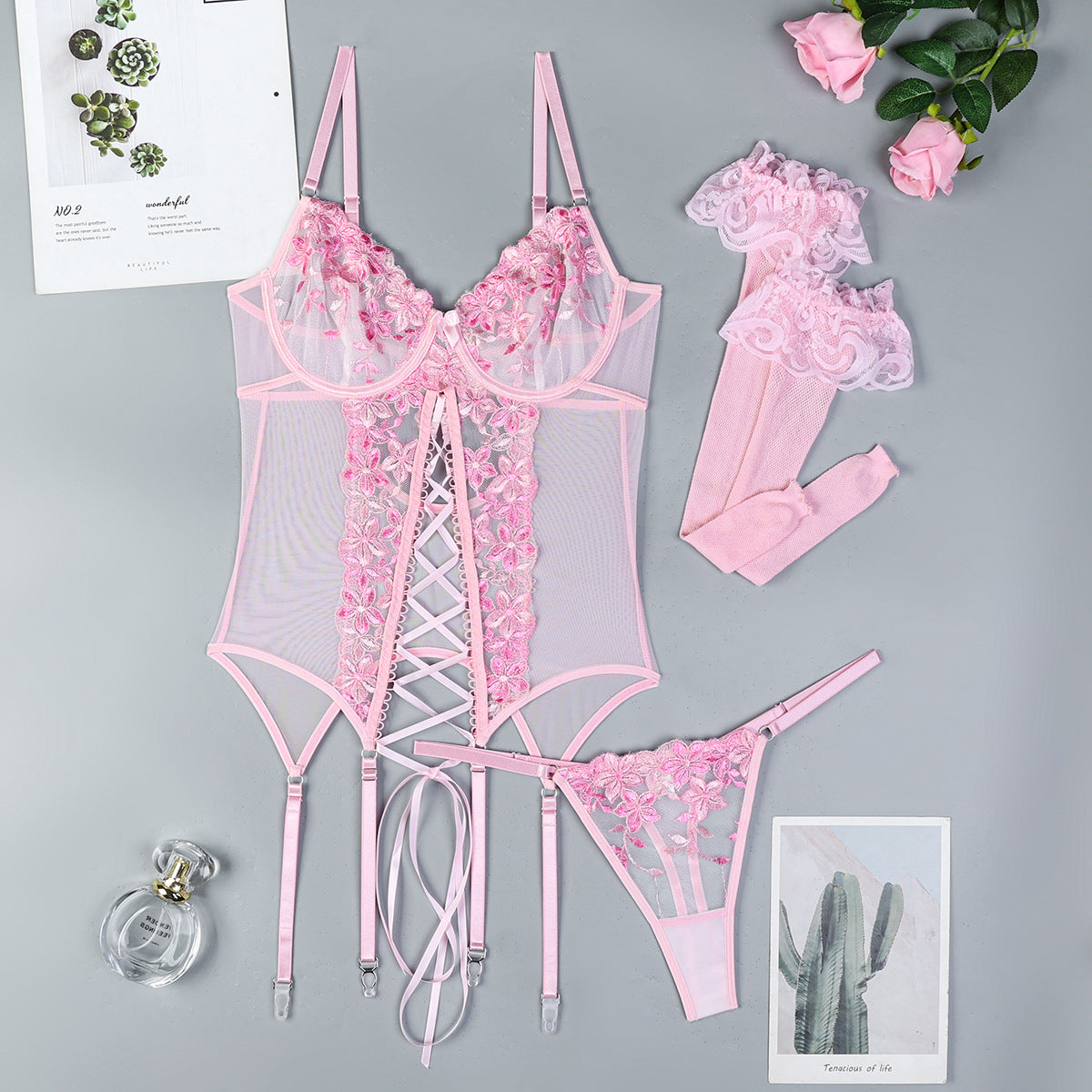 Three-piece lingerie set with embroidered design
