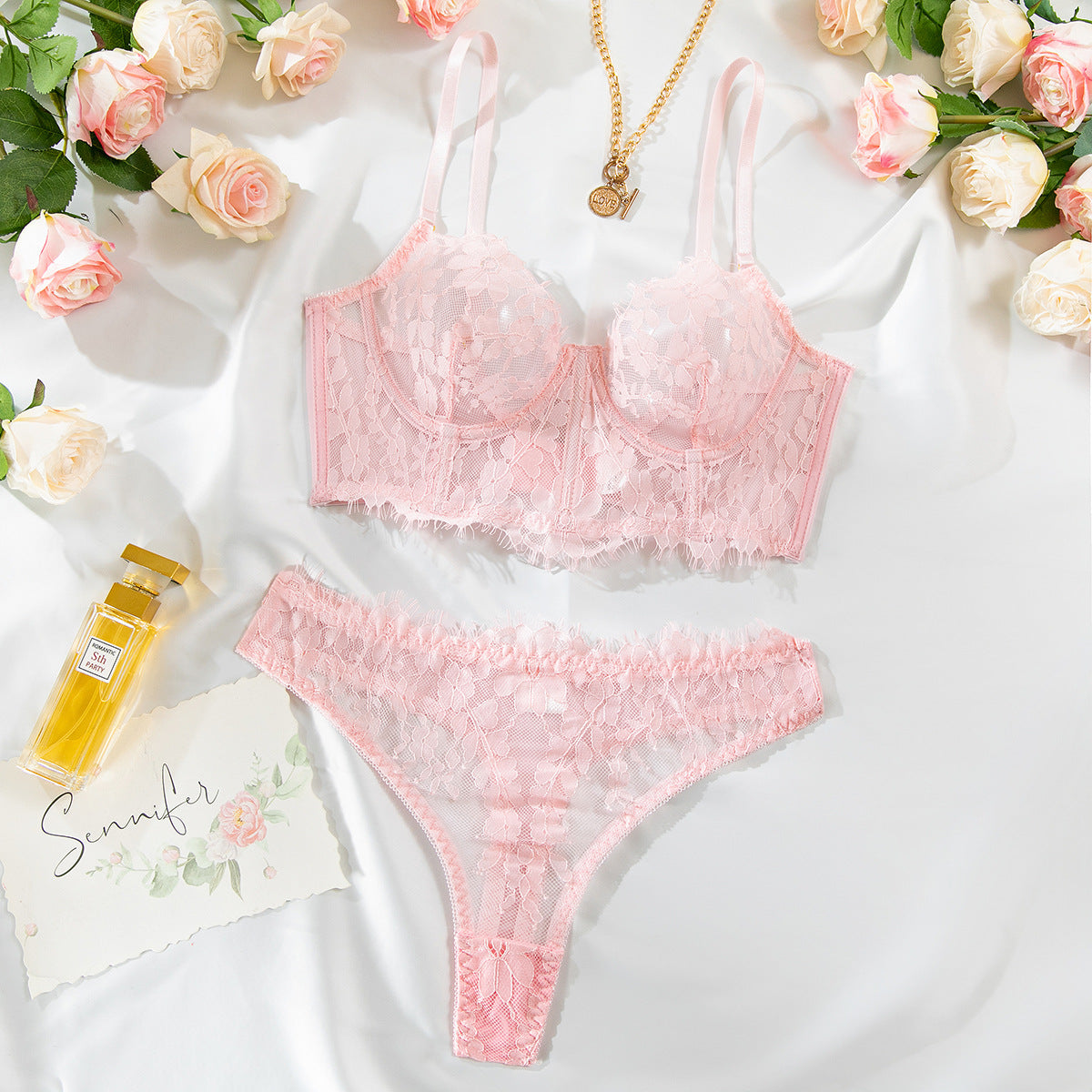 Bra and panty set styled with floral