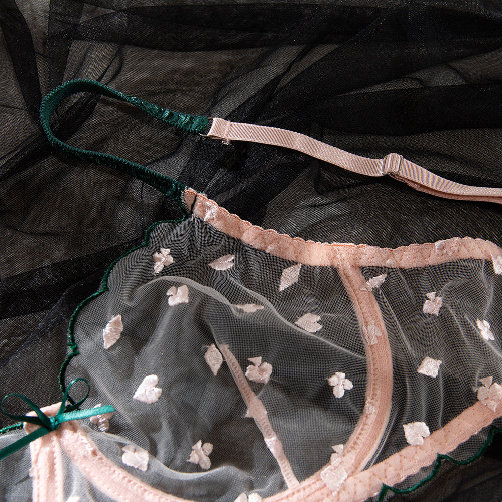 Pink lingerie set featuring sheer mesh