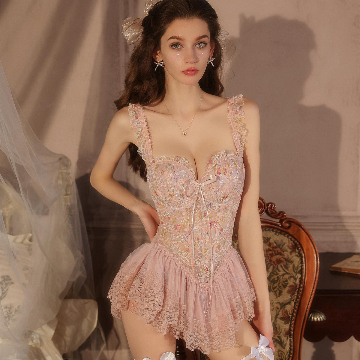 Lace design on babydoll lingerie dress
