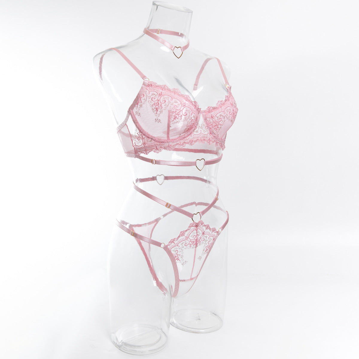 Pink bra and panty set with sheer mesh design