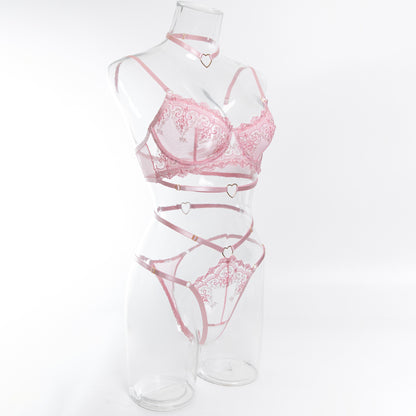 Pink bra and panty set with sheer mesh design