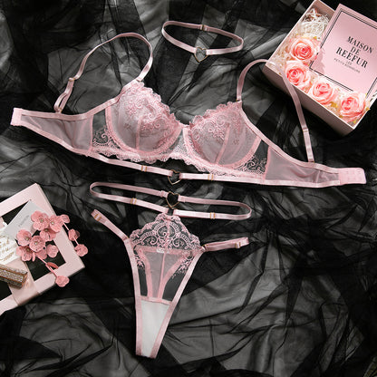 Pink lace bra and panty set