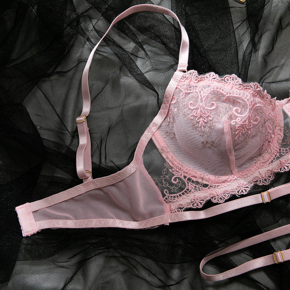 Pink bra and panty set featuring sheer mesh
