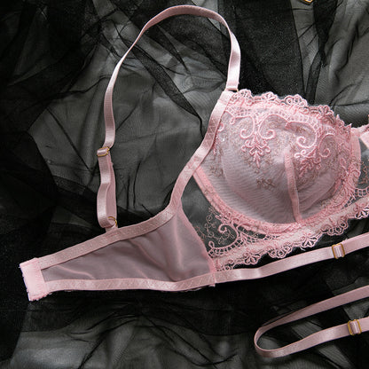 Pink bra and panty set featuring sheer mesh