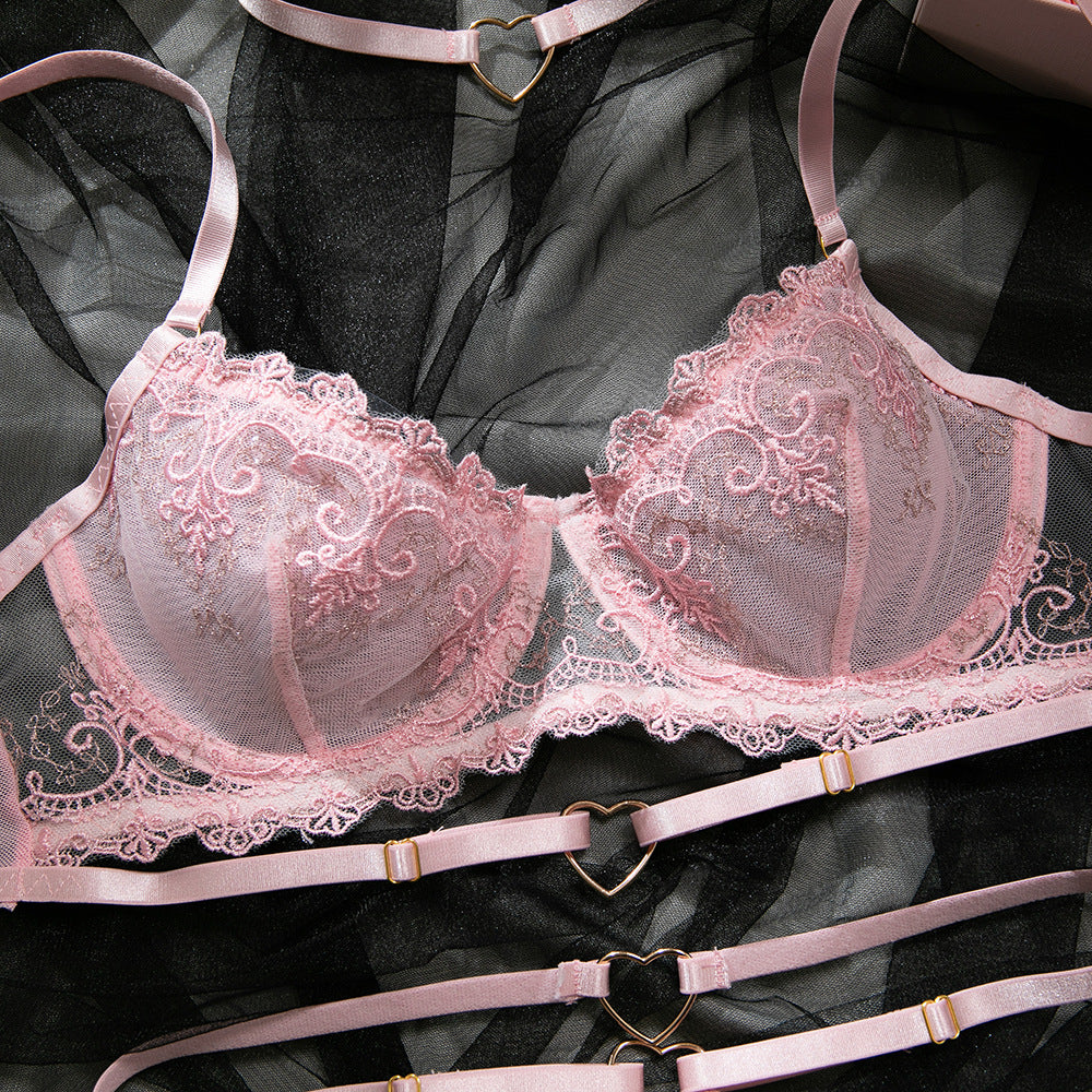 Pink embroidered detailed bra and panty set