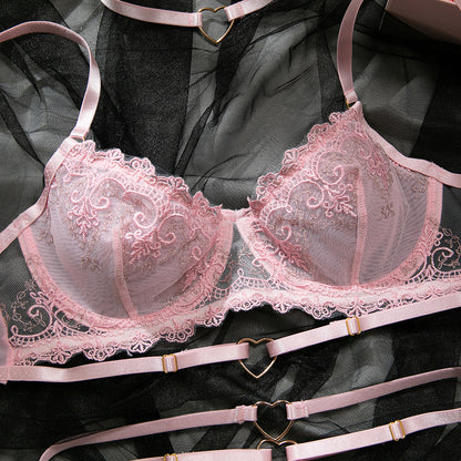 Pink embroidered detailed bra and panty set