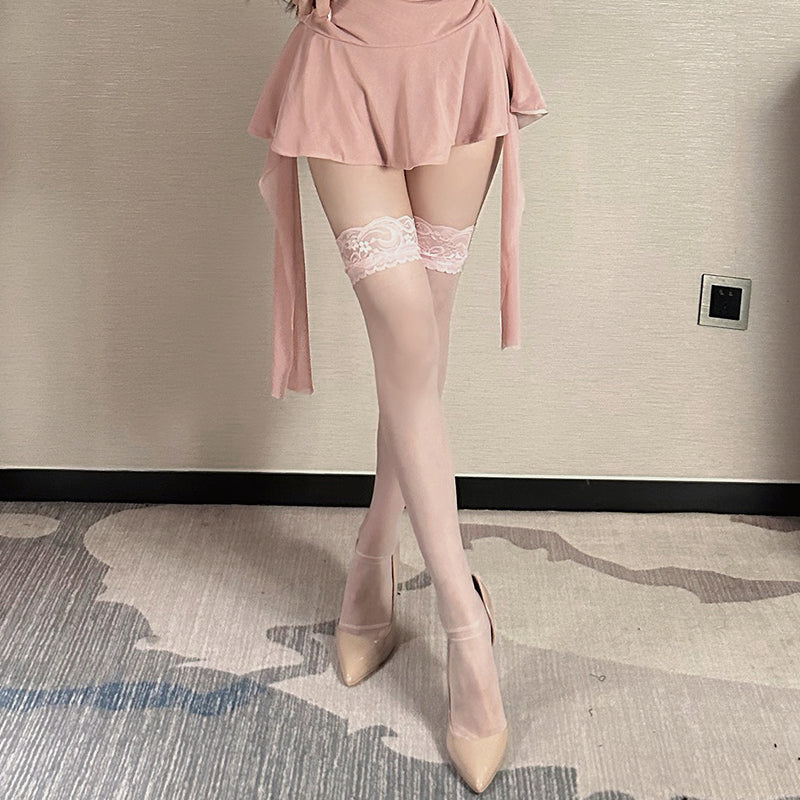 Lace - Trimmed Sheer Thigh - High Stockings | 5 Colors (Black/White/Pink/Red/Purple)