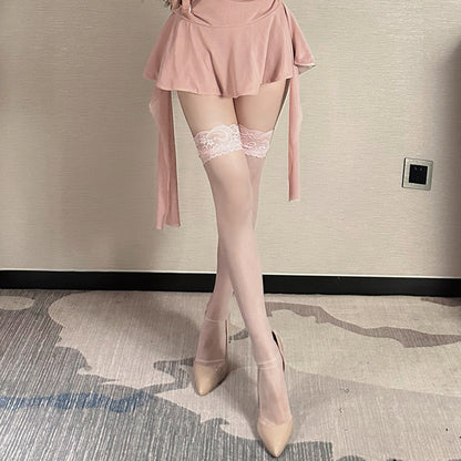 Lace - Trimmed Sheer Thigh - High Stockings | 5 Colors (Black/White/Pink/Red/Purple)