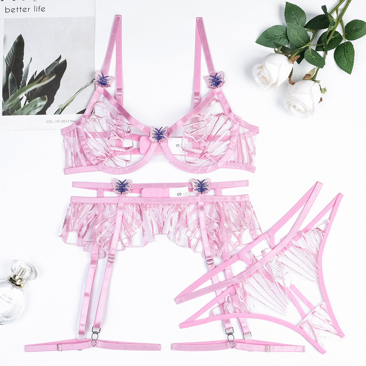 Three-piece lingerie set styled with embroidered