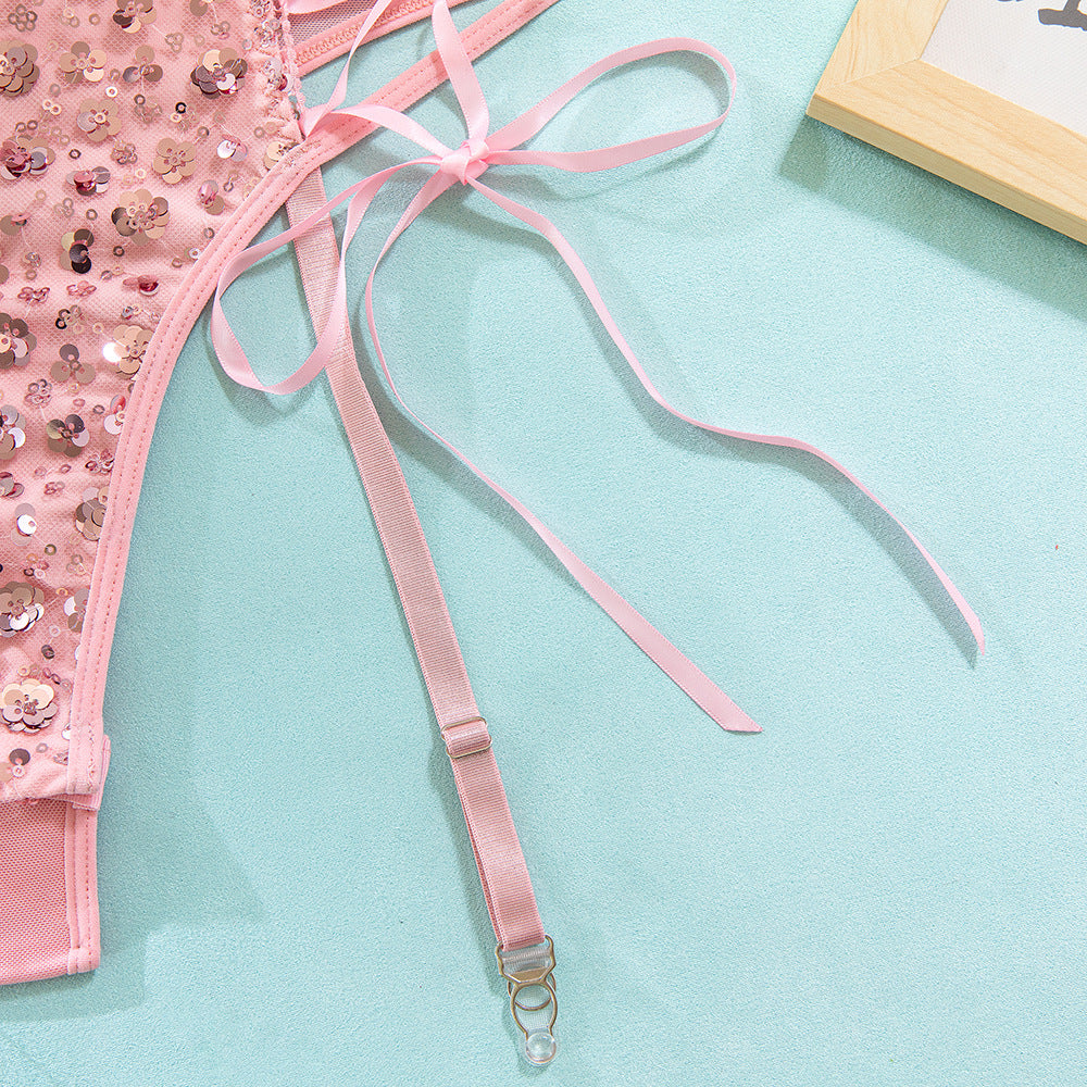 Pink Sequin Lace-Up Bodysuit with Garter Straps – Sexy Push Up Corset Lingerie
