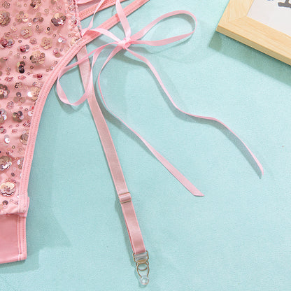 Pink Sequin Lace-Up Bodysuit with Garter Straps – Sexy Push Up Corset Lingerie