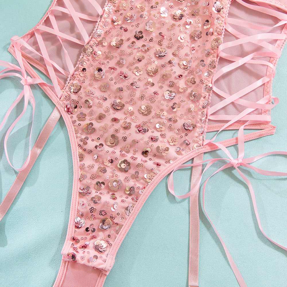 Pink Sequin Lace-Up Bodysuit with Garter Straps – Sexy Push Up Corset Lingerie