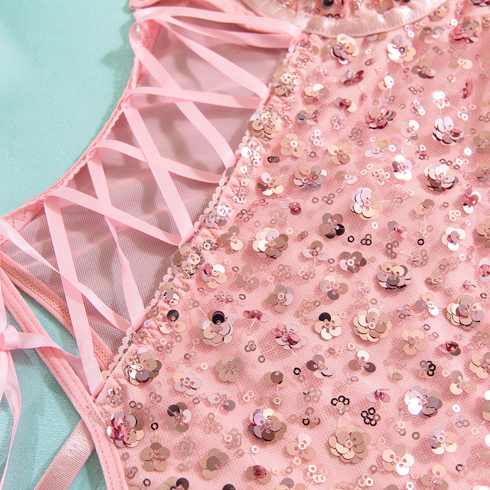 Pink Sequin Lace-Up Bodysuit with Garter Straps – Sexy Push Up Corset Lingerie