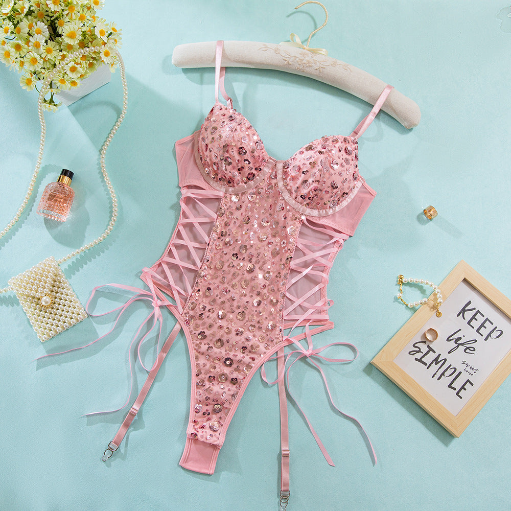 Pink Sequin Lace-Up Bodysuit with Garter Straps – Sexy Push Up Corset Lingerie