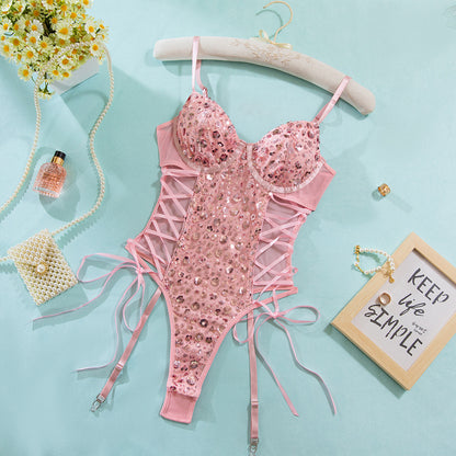 Pink Sequin Lace-Up Bodysuit with Garter Straps – Sexy Push Up Corset Lingerie