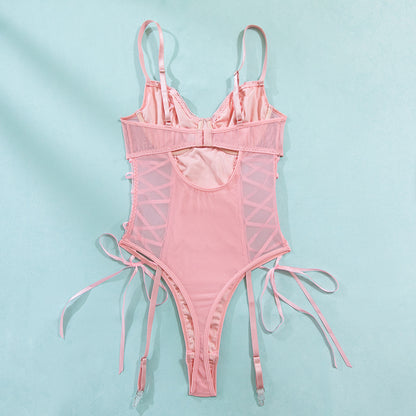 Pink Sequin Lace-Up Bodysuit with Garter Straps – Sexy Push Up Corset Lingerie