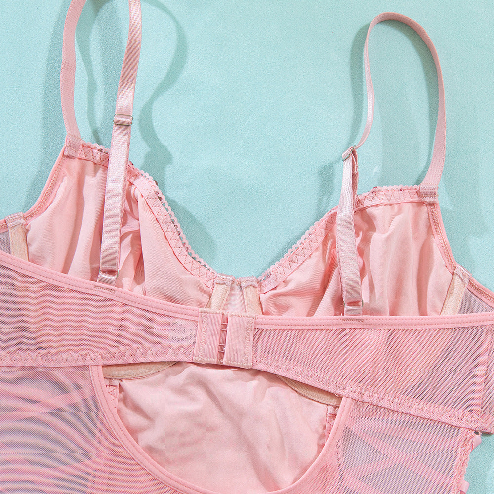 Pink Sequin Lace-Up Bodysuit with Garter Straps – Sexy Push Up Corset Lingerie