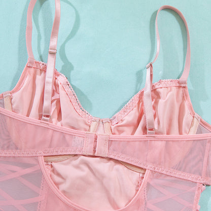 Pink Sequin Lace-Up Bodysuit with Garter Straps – Sexy Push Up Corset Lingerie