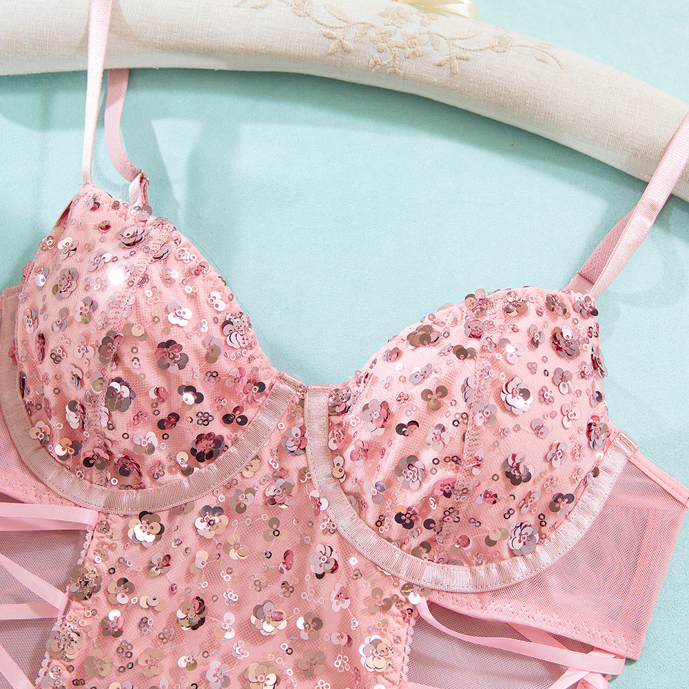 Pink Sequin Lace-Up Bodysuit with Garter Straps – Sexy Push Up Corset Lingerie