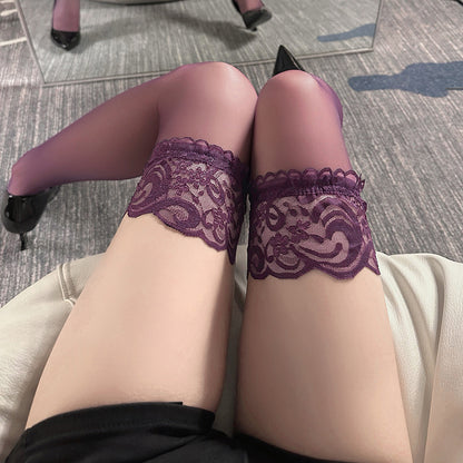 Lace - Trimmed Sheer Thigh - High Stockings | 5 Colors (Black/White/Pink/Red/Purple)