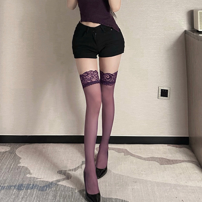 Lace - Trimmed Sheer Thigh - High Stockings | 5 Colors (Black/White/Pink/Red/Purple)