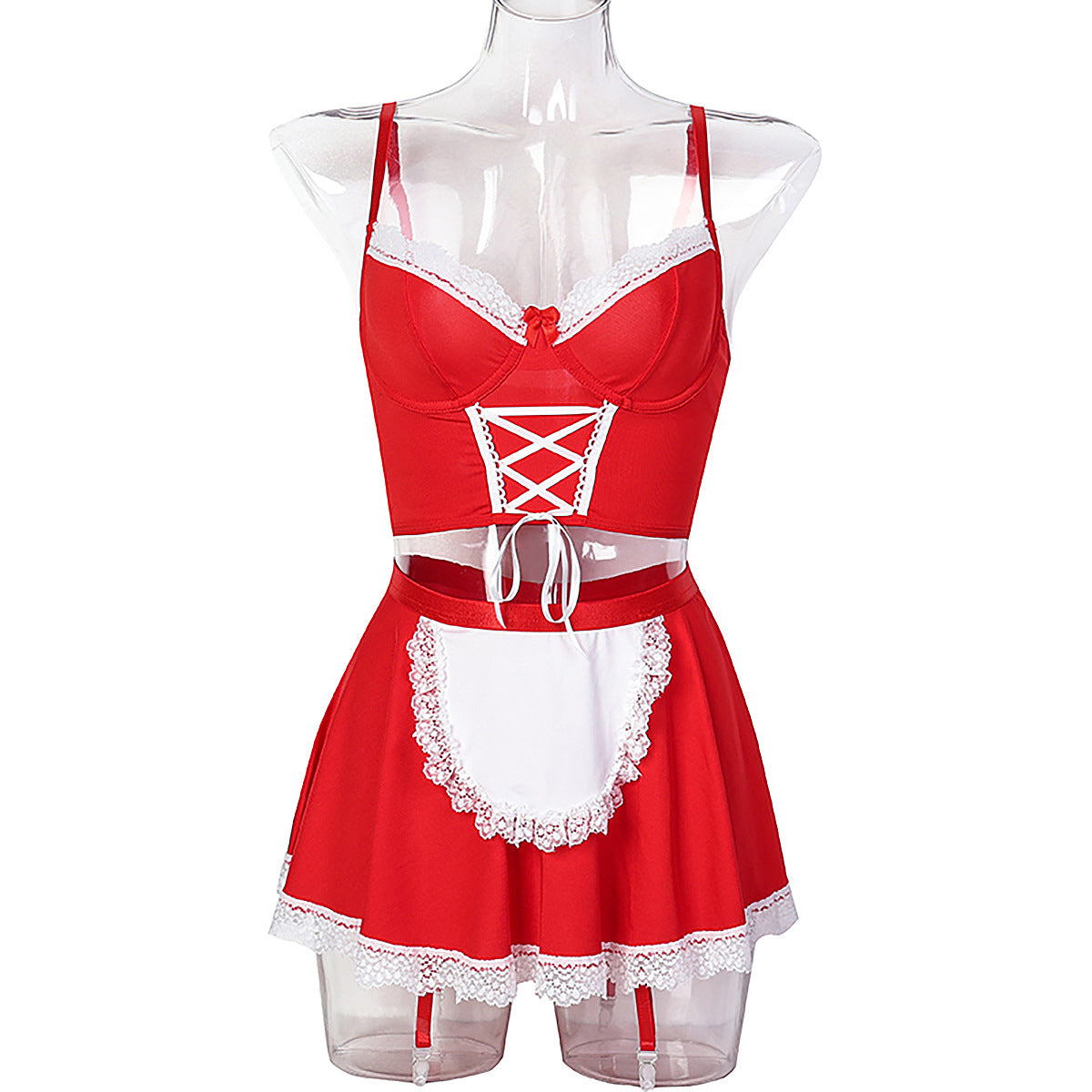 Fishnet details on maid roleplay lingerie set