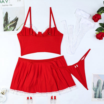 Red fishnet maid cosplay lingerie set