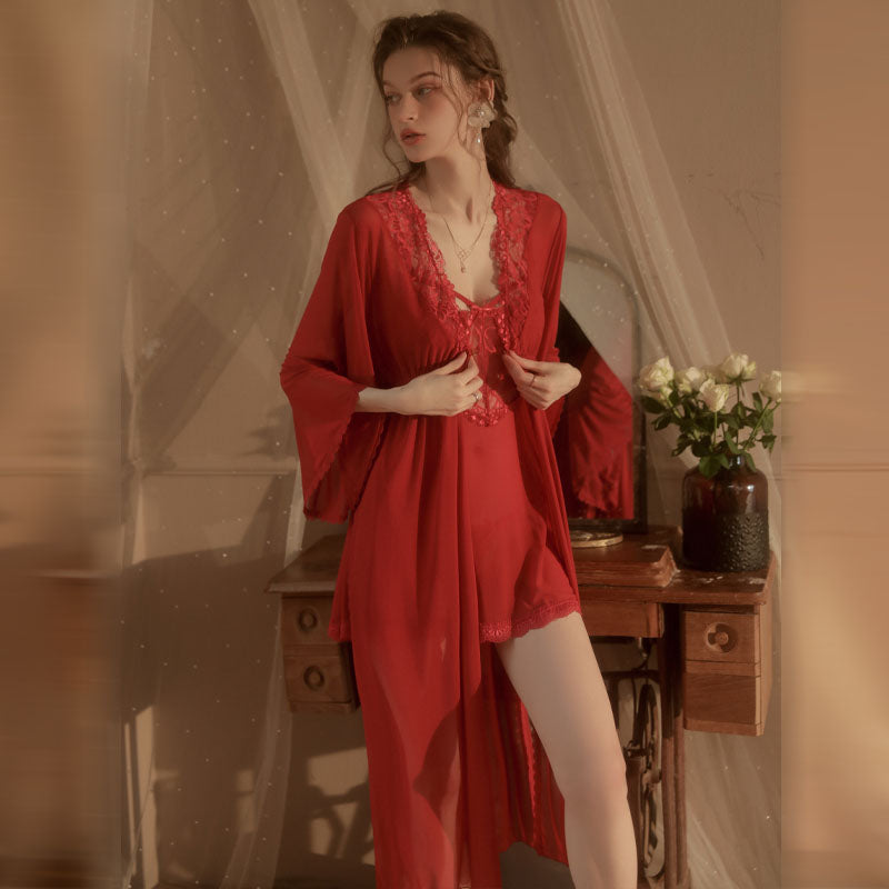 Lace Sheer Mesh Nightwear Set | Elegant Robe, Sling Dress & Thong – Perfect for Glamorous Nights