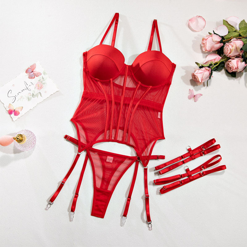 Red strappy detailed lingerie bodysuit