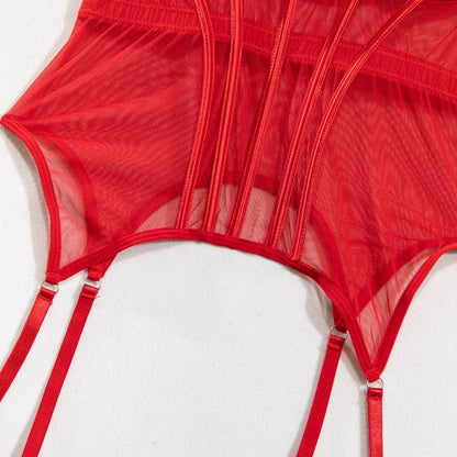 Strappy accents on red lingerie bodysuit
