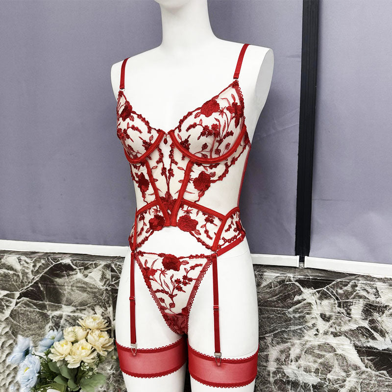 Embroidered detailed corset lingerie set